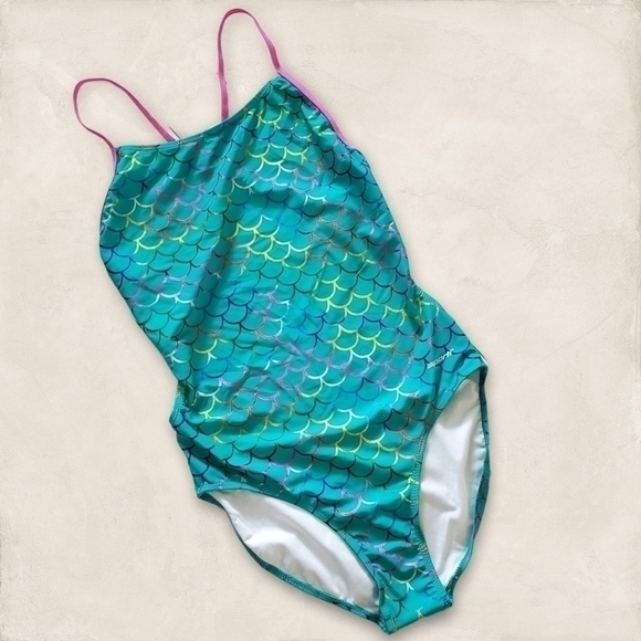 SPORTI Mermaid Fancy Foil Thin Strap One Piece Swimsuit Size 10/12 - Picture 4 of 11